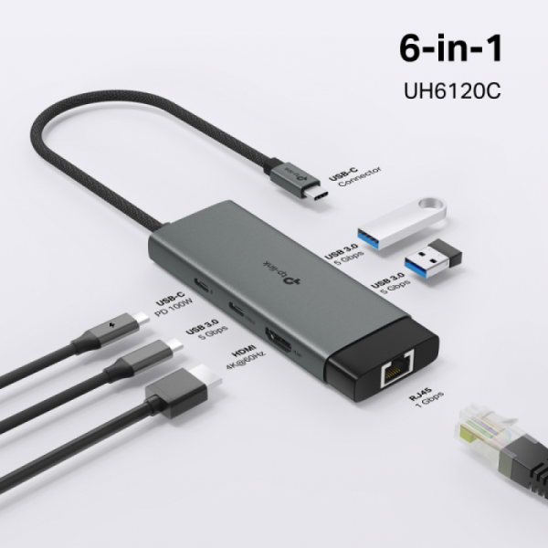 TP-LINK UH6120C 6-v-1 USB-C HUB priklopna postaja z 4K HDMI, Gigabit Ethernet in 100 W Power Delivery TP-LINK UH6120C 6-v-1 USB-C HUB priklopna postaja z 4K HDMI, Gigabit Ethernet in 100 W Power Delivery
