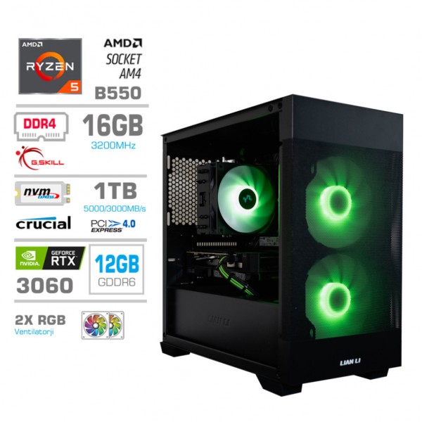 Računalnik MEGA MT S7X R5-5600X/RTX3060/16GB/1TB/1TB/-/750W/Brez OS/črna RGB + Estetski napajalni kabli [Zelena / Črna]