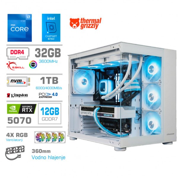 Računalnik MEGA MT S5 i7-12700KF/RTX5070/32GB/1TB/750W/Brez OS/bela RGB + Estetski napajalni kabli [Svetlo modra / Bela]