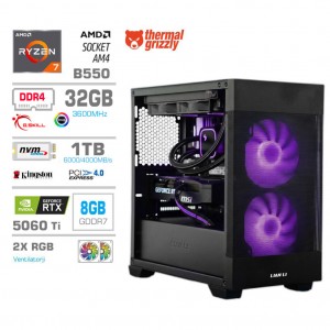 Računalnik MEGA MT S7X R7-5700X/RTX5060Ti/32GB/1TB/750W/Brez OS/črna RGB + Estetski napajalni kabli [Vijolična / Črna]