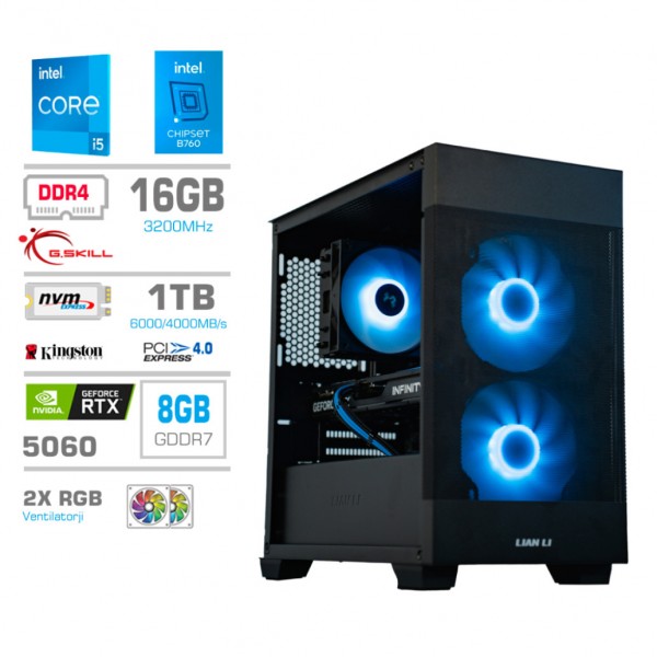 Računalnik MEGA MT S7X i5-14400F/RTX5060/16GB/1TB-4.0/750W/Brez OS/črna RGB + Estetski napajalni kabli [Svetlo modra / Črna]