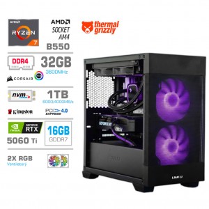 Računalnik MEGA MT S7X R7-5800X/RTX5060Ti-16GB/32GB/1TB-4.0/750W/Brez OS/črna RGB + Estetski napajalni kabli [Zelena / Črna]