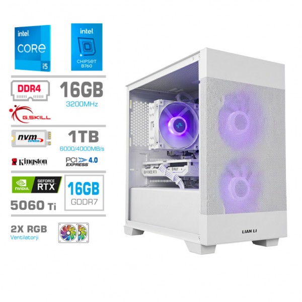 Računalnik MEGA MT S7X i5-14400F/RTX5060Ti-16GB/16GB/1TB/750W/Brez OS/bela RGB + Estetski napajalni kabli [Vijolična/Bela]