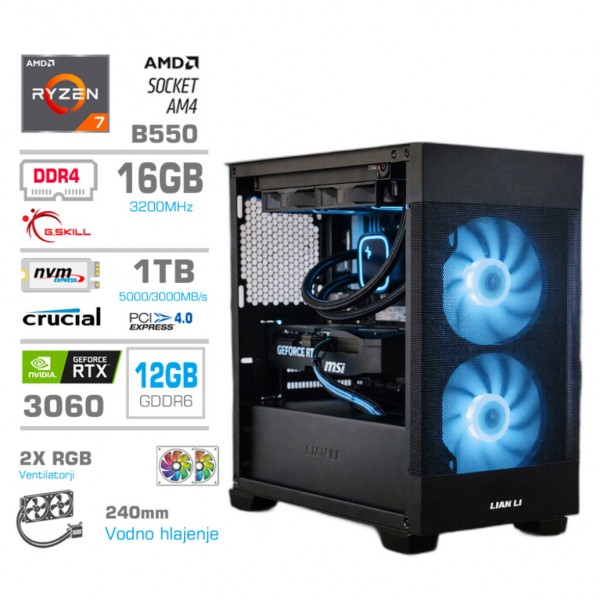 Računalnik MEGA MT S7X R7-5700X/RTX3060/16GB/1TB/750W/Brez OS/rumena črna RGB + Estetski napajalni kabli [Modra / Črna]