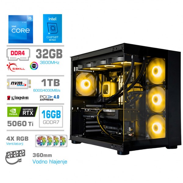 Računalnik MEGA MT S5 i5-12600K/RTX5060Ti-16GB/32GB/1TB/750W/Brez OS/črna RGB + Estetski napajalni kabli [Rumena / Črna)