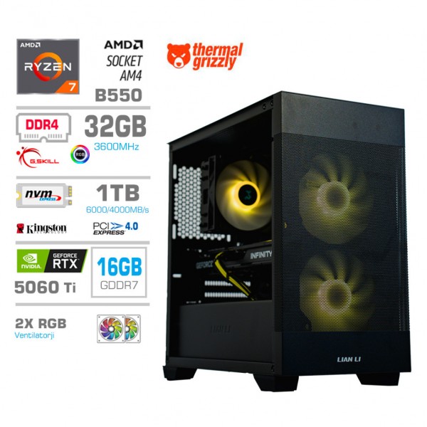 Računalnik MEGA MT S7X R7-5700X/RTX5060Ti-16GB/32GB/1TB-4.0/750W/Brez OS/črna RGB + Estetski napajalni kabli [Svetlo modra / Črna]