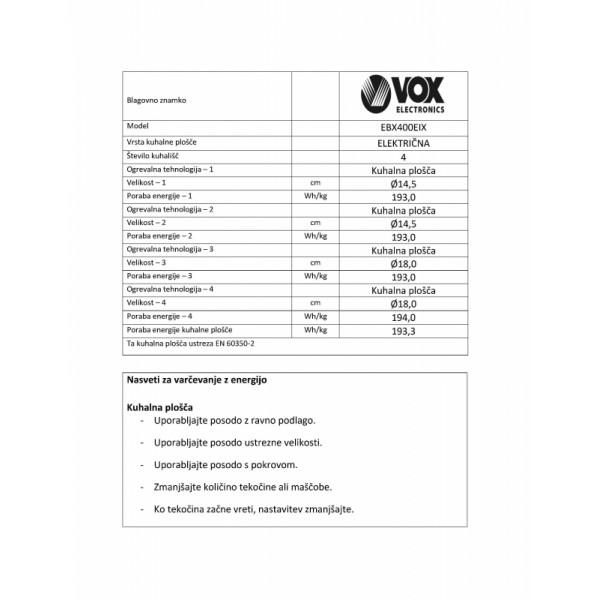 VOX vgradna električna plošča EBX400 EIX