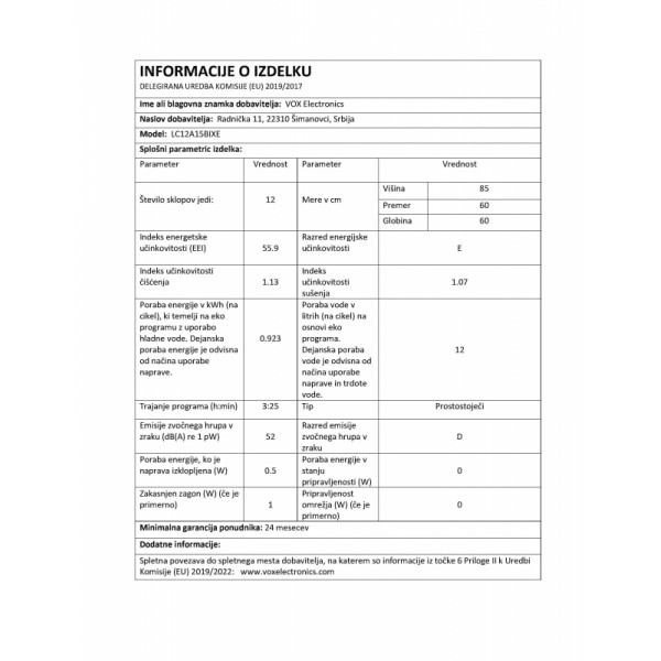 VOX pomivalni stroj LC 12A15-B IX E [E, 12 pogr., 6 programov, zaslon, inox]