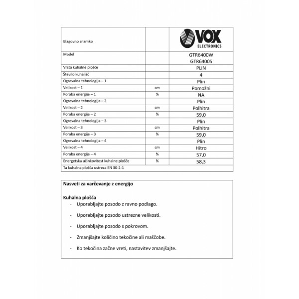 VOX plinski štedilnik GTR 6400 W (4x plin) VOX plinski štedilnik GTR 6400 W (4x plin)